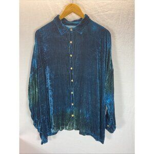 Kyla Seo Teal Blue Velvet Button down Shirt‎ Top Tunic size L Oversized Boxy